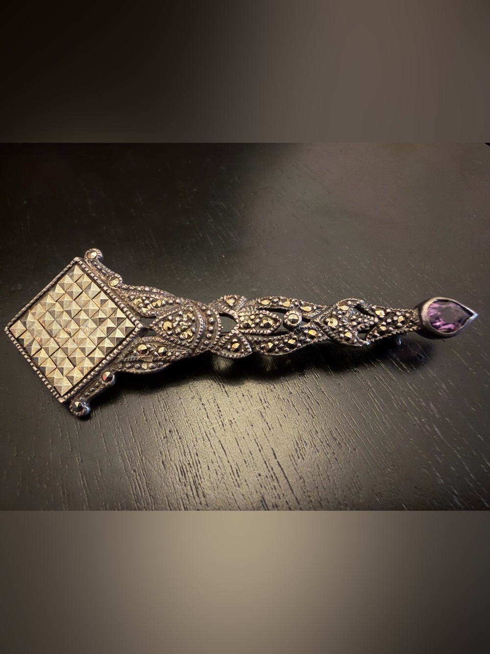 Vintage LBB 925 Sterling Silver Marcasite Amethyst Art Deco Brooch Heavy